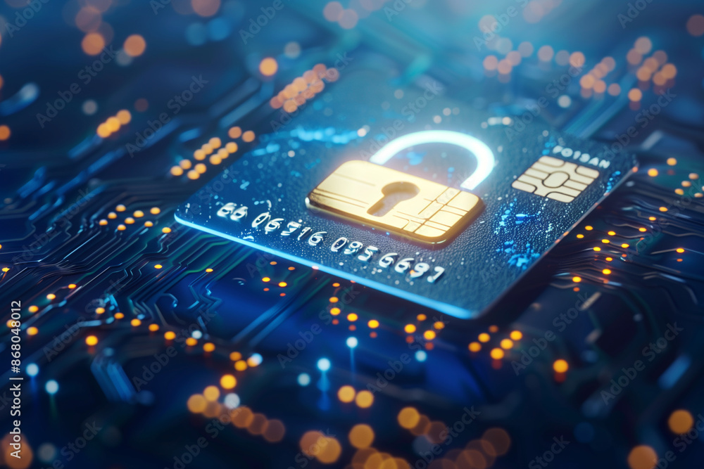Poster credit card with a key on it is shown on a circuit board. concept of security and protection, as the