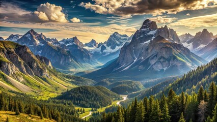 Panoramic view of majestic mountain range overlooking a serene valley , mountains, peaks, landscape, nature, scenic