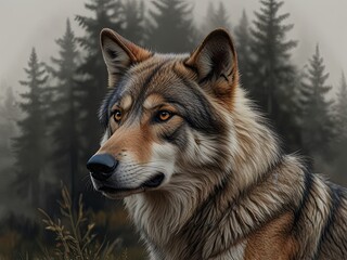 Fototapeta premium A wild gray wolf, a canine predator with thick fur, stands alert in a winter forest