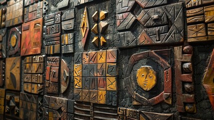 Cultural Fusion: African Tribal Art Symbols and Patterns on Textured Wall