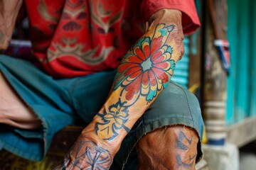 Close-up of an Elderly Man's Arm with a Tattoo