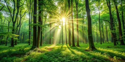 Lush green forest with sunlight filtering through the trees in the morning , nature, trees, foliage, sunlight, serene