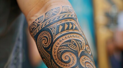 Intricate Maori Tattoo Patterns Close-up on Forearm - Traditional Polynesian Body Art Detail and Design Concept