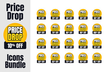 Price Drop Vector Icon Bundle, price drop label set, Price drop label badge design, 5% to 100% badges.
