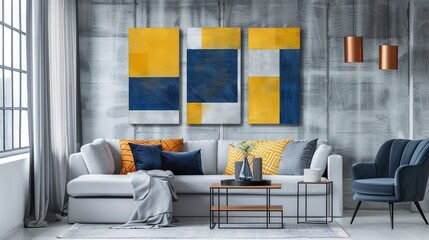 Abstract art paintings set featuring three vertical canvas wall frames with blue and yellow square shapes on a white background in a minimalist style. Modern, geometric artwork perfect for contemporar
