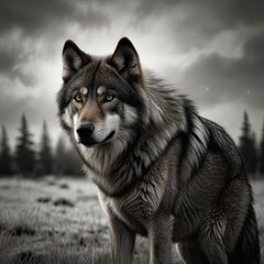 Fototapeta premium A wild gray wolf, a canine predator with thick fur, stands alert in a winter forest