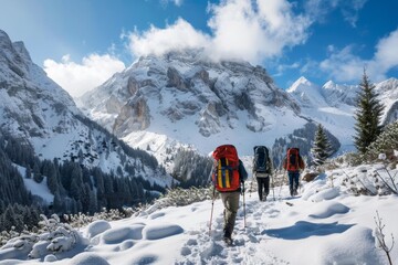 Three Hikers Ascending a Snowy Mountain