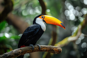 Naklejka premium Vibrant Toucan Perched on Branch in Tropical Forest with Blurred Background