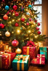 festively wrapped gifts under christmas tree ornaments lights, presents, holiday, decorations, ribbons, bows, surprises, celebration, joy, colorful, shiny