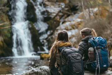 Two Hikers Enjoy the Tranquility of a Waterfall