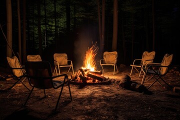 Camping chairs around a campfire.