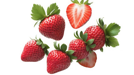 Fresh strawberries with half slices and green leaves, floating in the air against a white background