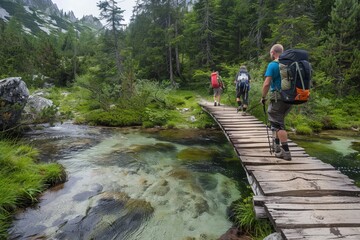 Three Hikers Crossing a Wooden Bridge over a Stream in a Lush Forest