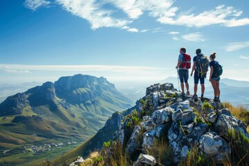 Obraz premium Hikers Admiring Breathtaking Mountain Views