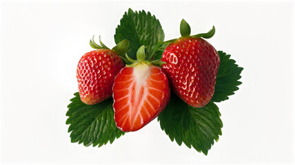 Fresh strawberries with half slices and green leaves, floating in the air against a white background
