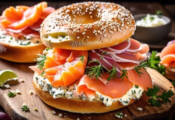 freshly baked bagels creamy cheese smoked lox display, breakfast, bakery, food, spread, salmon, platter, assortment, gourmet, appetizing, tasty, aroma, savory
