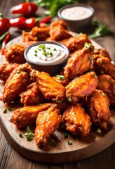 Fototapeta premium spicy buffalo wings creamy dip rustic wooden table, food, appetizer, snack, chicken, hot, delicious, tasty, crispy, fried, sauce, flavor, tangy, meal, cuisine,