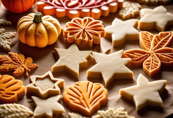 Fototapeta premium festive thanksgiving cookie cutters pressed raw dough baking, shapes, kitchen, utensils, pastry, tools, homemade, delicious, dessert, cooking, supplies