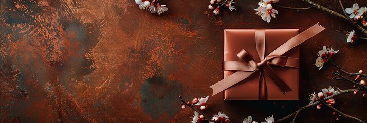 Elegantly wrapped copper bronze present with ribbon and bow