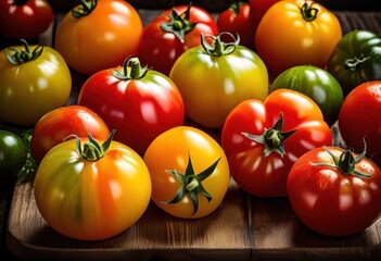 vibrant heirloom tomatoes arrayed cutting board, colorful, vegetables, organic, produce, ripe, variety, kitchen, utensil, cooking, ingredients, red, yellow,