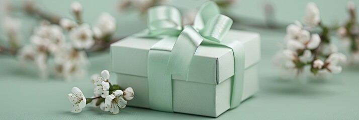 Elegantly wrapped pastel green present with ribbon and bow
