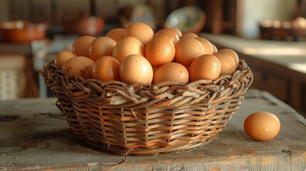 Basket of fresh brown eggs on a wooden table in a rustic kitchen, natural food and countryside cooking concept