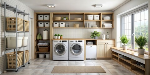 Laundry room with modern appliances and organized shelves, laundry, room, modern, appliances, organized, shelves, washer