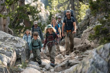 Family Hiking Adventure Through Rocky Terrain