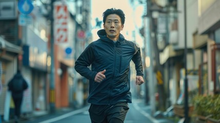 Fototapeta premium 35 years old Asian male running in the street front face view. 