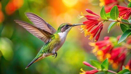 Colorful hummingbird feeding on honeysuckle nectar, hummingbird, colorful, hovering, honeysuckle, flower, feeding, nectar