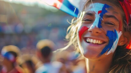 Obraz premium Happy French woman supporter with face painted in French flag colors, blue white and red, fan at a sports event such as football or rugby match, blurry stadium background and copy space. 