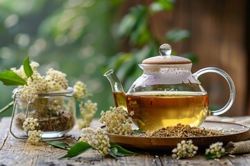 Herbal Tea Brewing in a Glass Teapot on Wooden Table