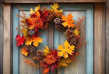 rustic handmade autumn wreath hanging wooden door, decor, fall, seasonal, leaves, orange, yellow, brown, foliage, harvest, home, front, entrance, natural, craft
