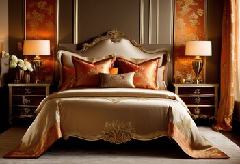 elegant bedroom adorned silk bedding set, luxurious, decorated, smooth, fabric, comfortable, stylish, sleeping, arrangement, cozy, lavish, home, decor