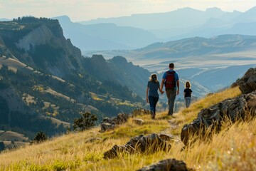 Obraz premium Family Hiking on a Mountain Trail with Scenic View