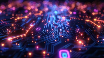 Fototapeta premium Close-up of illuminated electronic circuit board, futuristic technology background. Digital innovation and advancement concept