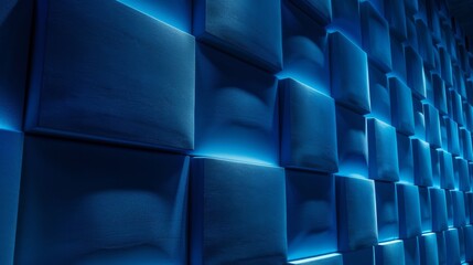 Abstract 3d wall with illuminated blue blocks, modern interior design concept