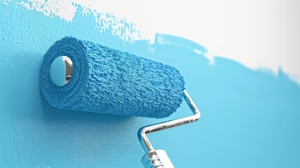 Blue paint roller applying fresh coat of paint on a white wall, close-up. DIY home renovation concept