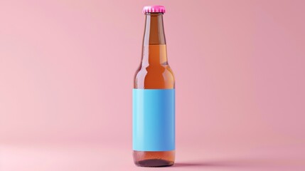 Brown beer bottle with blue label on pink background, minimalistic design concept