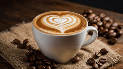 Latte coffee cup with beautiful heart shaped latte art on foam.