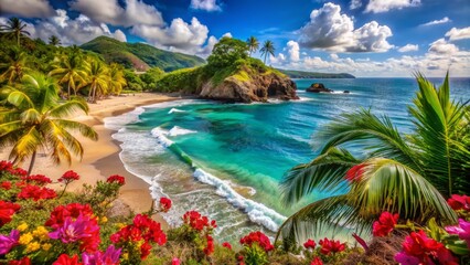 Vibrant colors capture tranquil Martinique beach scene featuring tropical flowers blooming amidst rugged rocks and turquoise ocean waves in North America.