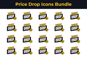 Price Drop Vector Icon Bundle, price drop label set, Price drop label badge design, 5% to 100% badges, vector price drop icon, price drop discount collection