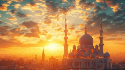 Fototapeta premium Golden Hour: banner background of Mosque Day theme banner design for microstock, no text, and wide copy space, Golden Hour: A mosque during the golden hour with warm lighting, for banner, UHD image