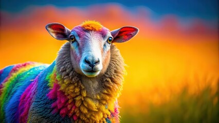 Fototapeta premium Colorful and vibrant sheep standing in front of a shining background, sheep, colorful, vibrant, shining, backdrop, animal, farm