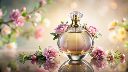 Luxurious perfume bottle with floral decorations and elegant closure, perfectly harmonized composition, luxury, perfume