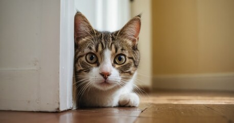 A tabby cat with white markings peeks from behind a white doorway, looking directly at the camera with wide, curious eyes