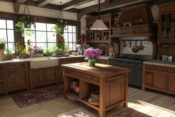 Rustic Kitchen With Wooden Cabinets, Island, and Window View