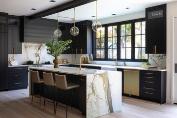 Obraz premium Modern Kitchen Island With Marble Countertop and Brass Accents