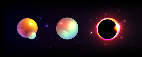 3d set planet. Solar eclipse, moon phase. Bright isolated celestial bodies on a dark background . Starry cosmic sky