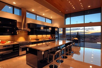 Modern Kitchen With Sunset Views in Desert Home